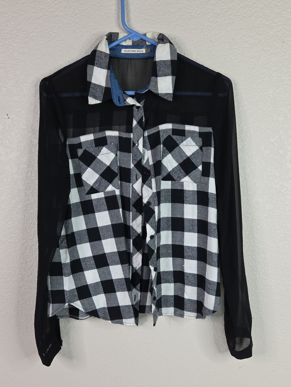 Mustard Seed Black & White Plaid Button-Down Shirt with Sheer Sleeves